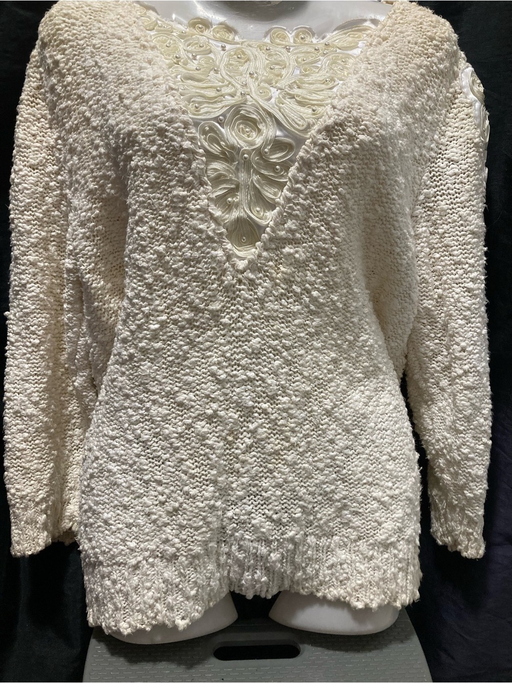 Bonnie and Bill by Hally Cream Bouclé Knit Sweater Pearl Embellished Small